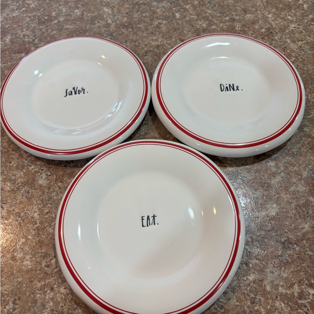 HTF set of 3 Red line appetizer plates from magenta by Rae Dunn.